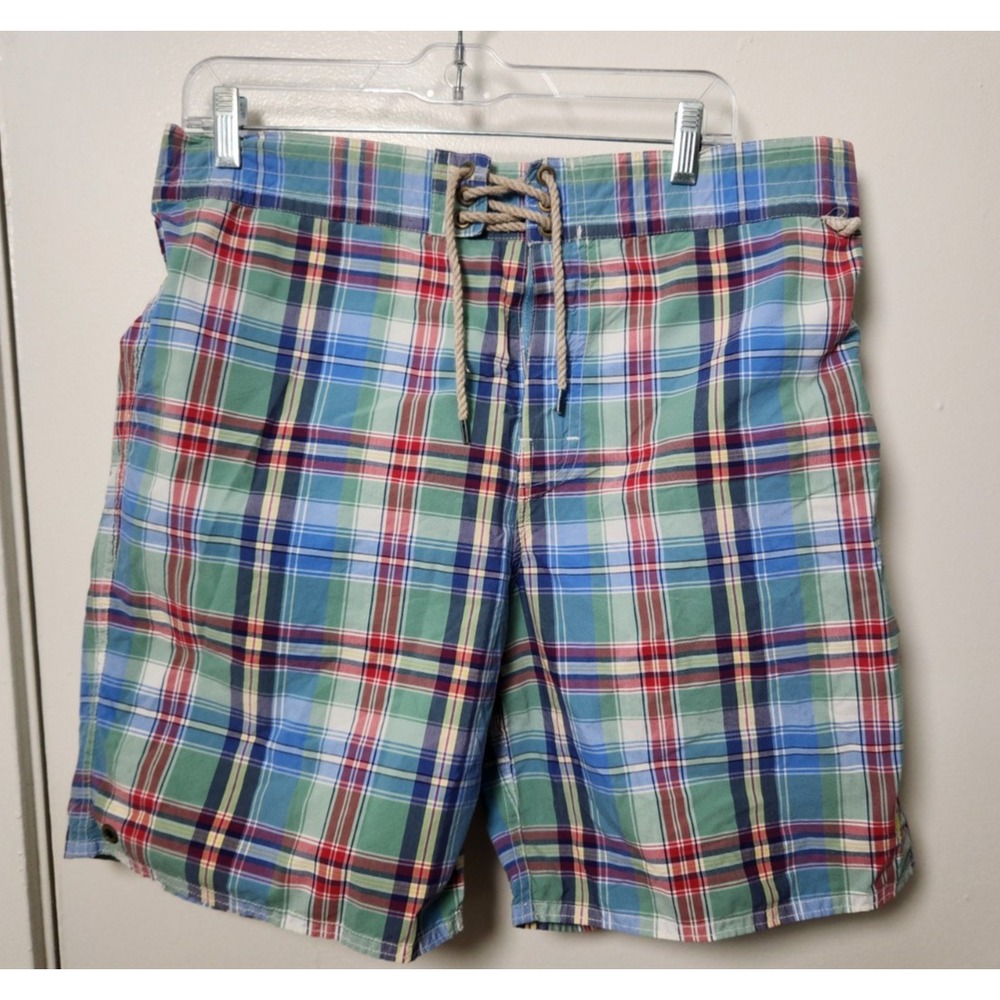 Polo Ralph‎ Lauren Blue Green Plaid Swim Trunks Shorts Mesh Yellow Pony Lrg  Vtg